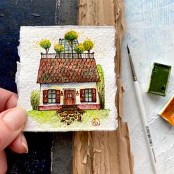Country house painting Original art Tiny watercolor Little artwork by Rubinova