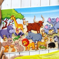 Developing tablet, Set Animals of Africa, Felt board story, Tactile book, Figget Sensory toy
