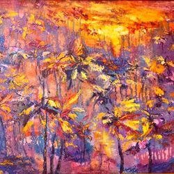 Sunset Oil Painting Original Art Palm Trees Pond Tropics Artist Svinar Oksana