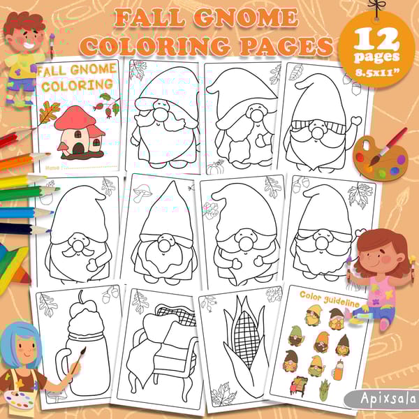 Fall Gnome Kids coloring pages | kids coloring pages bundle - Inspire