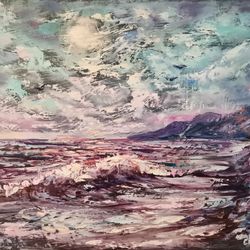 moon night mountains sea wave original art oil painting artist svinar oksana