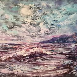 Moon Night Mountains Sea Wave Original Art Oil Painting Artist Svinar Oksana