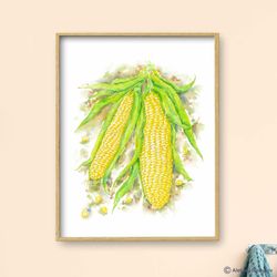 Corn Art Print, Kitchen Wall Decor, Vegetables Art, Watercolor Painting, Dining Room Art
