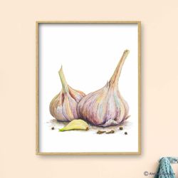 Garlic Art Print, Kitchen Wall Decor, Vegetables Art, Watercolor Painting, Dining Room Art
