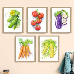 Set of 5 Vegetables Art Print, Kitchen Wall Decor, Vegetables Art, Watercolor Painting, Dining Room Art