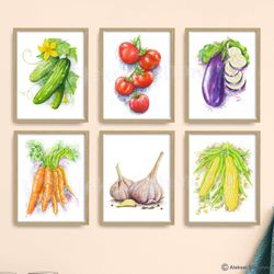 Set of 6 Vegetables Art Print, Kitchen Wall Decor, Vegetables Art, Watercolor Painting, Dining Room Art
