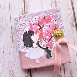 Asian junk journal for sale USA Asian girl tiny junk journal handmade Sakura notebook tiny custom journal