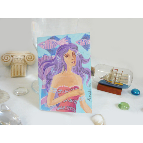 Miniature Mermaid Watercolor ACEO, a Girl in the Waves in Water 02.JPG