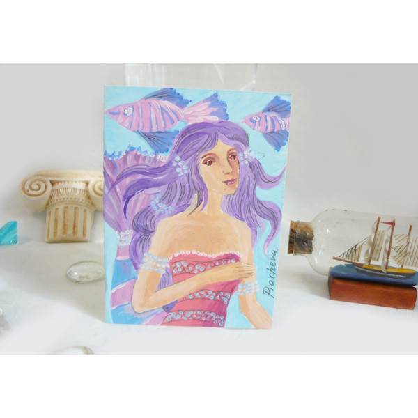 Miniature Mermaid Watercolor ACEO, a Girl in the Waves in Water 05.JPG