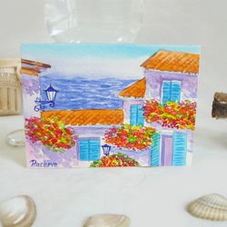 Miniature South Street with Trees, Landscape near the sea, ACEO, Watercolor
