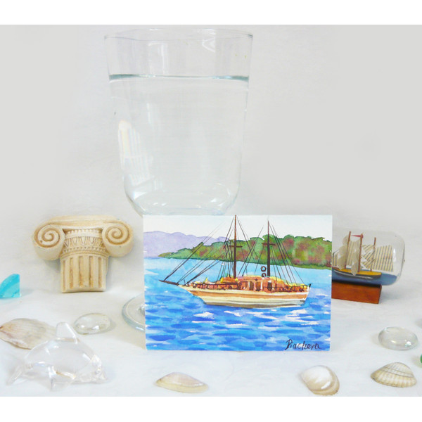 Miniature, boat on waves, watercolor painting, water, waves, ACEO 04.JPG