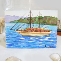 Miniature boat on waves, watercolor painting seascape, water, waves, ACEO original