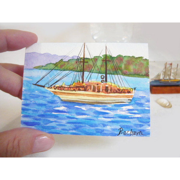 Miniature, boat on waves, watercolor painting, water, waves, ACEO 06.JPG