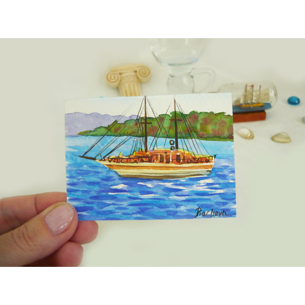 Miniature, boat on waves, watercolor painting, water, waves, ACEO 08.JPG