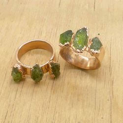 Natural Raw Peridot Gemstone Electroplated Brass Handmade Ring