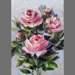 Pink roses. Oil painting on cardboard. Original