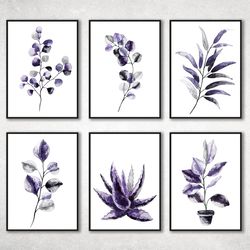 Botanical Print Set of 6, Living Room Wall Art, Leaf Prints, Plant Posters, Bedroom Wall Decor, Watercolor Painting