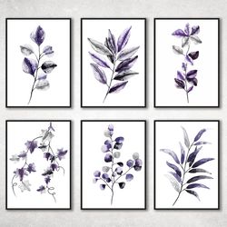Set of 6 Purple Botanical Prints, Purple wall art, Botanical Plant Wall Art, Eucalyptus Prints, Living Room Wall Art