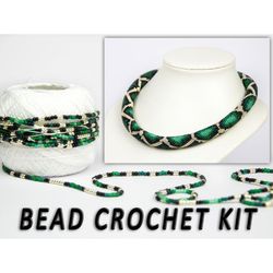 Crochet with beads necklace, Bead crochet kit green snake necklace, Handcrafted necklace, DIY jewelry kit