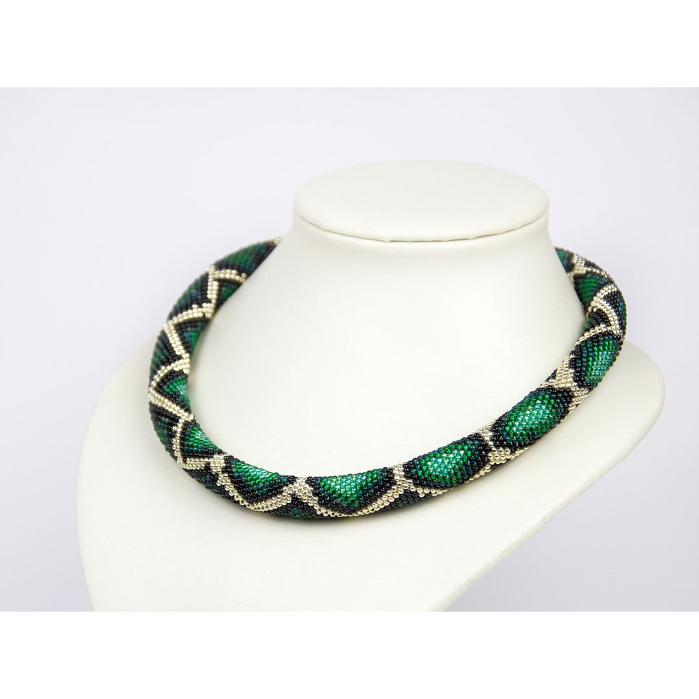 bead crochet green snake necklace