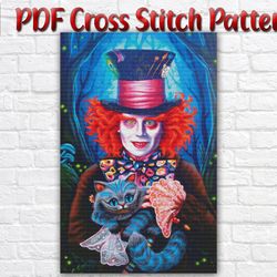 Alice In Wonderland Cross Stitch Pattern / The Mad Hatter Cross Stitch Pattern / Cheshire Cat PDF Cross Stitch Chart