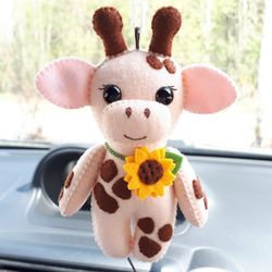 Giraffe gift, Sunflower charm, Felt ornaments, Car accessories for women, Rear view mirror accessories, Kawaii plush