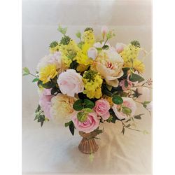 Large artificial flower arrangement in vase, Artificial flowers centerpiece, Pink and yellow flower bouquet, Table decor