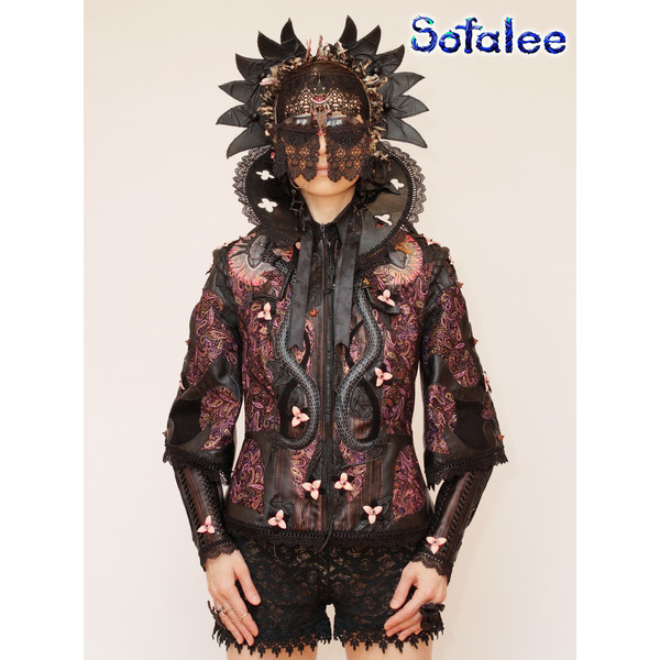 Exclusive handmade genuine leather jacket fitted bracers cropped sleeve detachable collar golden age style by Sofalee.jpg