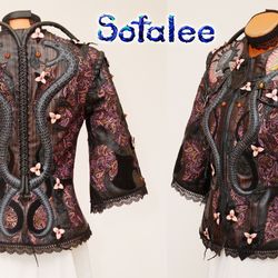 Genuine leather women's jacket bracelets, wide collar "Nagi" by Sofalee. Handmade exclusive coat purple black.