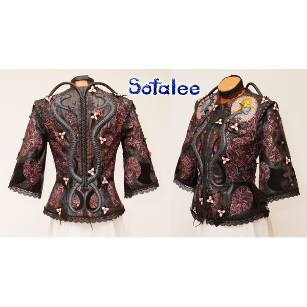 women exclusive handmade genuine leather jacket fitted bracers cropped sleeve detachable collar and choker by Sofalee.jpg