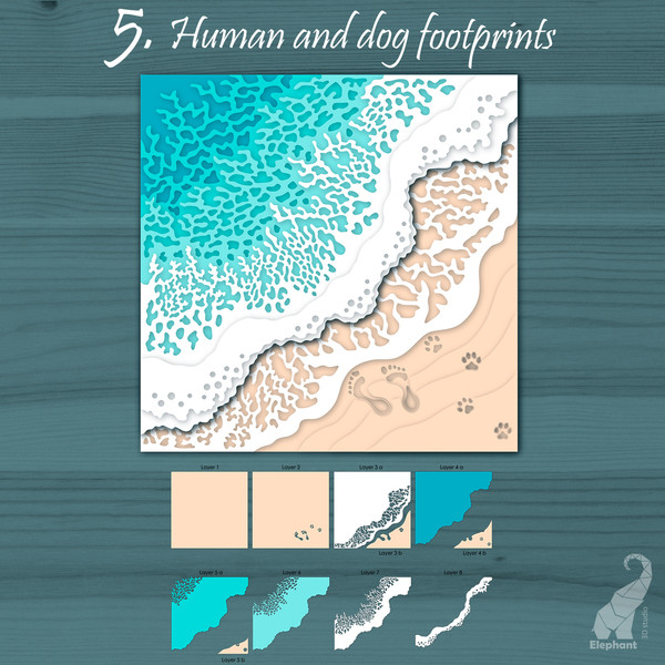 3D layered sea waves bundle svg file for cricut mandala with human and dog footprints on sand
