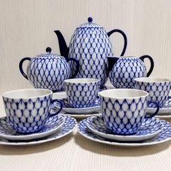 Lomonosov Coffee Set Grid Cobalt Blue. Russian Bone Porcelain LFZ