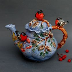 Blue Porcelain Art teapot Birds figurines Rowan pine berries decor Bullfinch Sculpture Teapot Ceramic Collectible ware