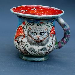 Mug and saucer Cheshire Cat Mushroom lidded mug Wonderland cup Painting fabulous mug Handmade ceramic relief cup