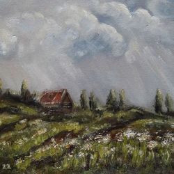 Green Landscape Painting - Eclectic Original Scenery Art - Nordic Home