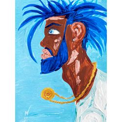 Champion Painting Man African American Painting Original Art Man Art Blue Afro Art Man Naked Painting Black Male Wall Ar