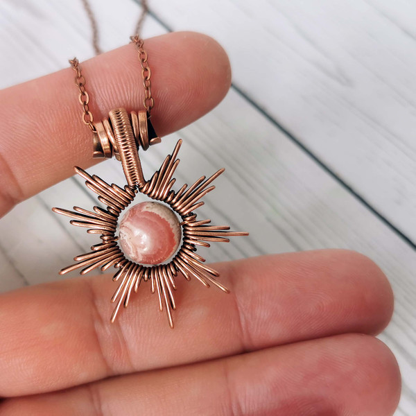 Rhodochrosite-necklace-Sun-necklace-with-Rhodochrosite-bead-Wire-wrapped-copper-pendant-3.jpg