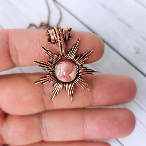 Rhodochrosite-necklace-Sun-necklace-with-Rhodochrosite-bead-Wire-wrapped-copper-pendant-10.jpg