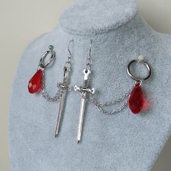 Sword earrings with red teardrop Double piercing earrings with chain Anime earrings for her