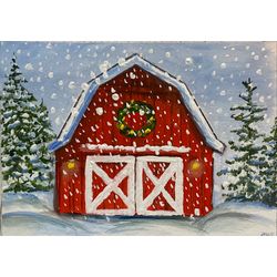 Red Barn Gouache Painting, Original Red Barn Gouache Art, Christmas Wall Decor, Red Barn In The Snow, Winter Small Art