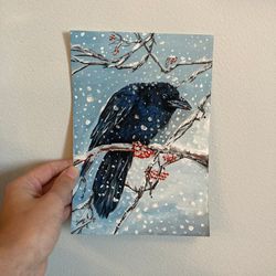 Raven Gouache Painting, Original Raven Gouache Art, Christmas Wall Decor, Small Crow Painting, Winter Small Art