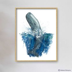 Sperm Whale Art Print, Whale Wall Decor, Nautical Art, Watercolor Painting, Bathroom Art, Kids Room Art