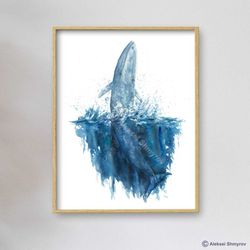Blue Whale Art Print, Whale Wall Decor, Nautical Art, Watercolor Painting, Bathroom Art, Kids Room Art