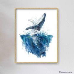 Humpback Whale Art Print, Whale Wall Decor, Nautical Art, Watercolor Painting, Bathroom Art, Kids Room Art