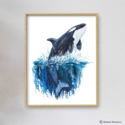 Orca Whale Art Print, Whale Wall Decor, Nautical Art, Watercolor Painting, Bathroom Art, Kids Room Art