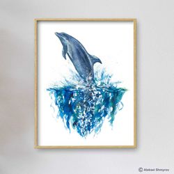Dolphin Whale Art Print, Whale Wall Decor, Nautical Art, Watercolor Painting, Bathroom Art, Kids Room Art