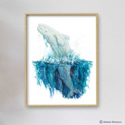 Beluga Whale Art Print, Whale Wall Decor, Nautical Art, Watercolor Painting, Bathroom Art, Kids Room Art