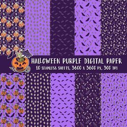 Purple Halloween Digital Paper, Halloween seamless patterns, Halloween scrapbooking printable purple digital paper