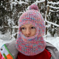 Balaclava for women, Angora wool ski mask, Pompom balaclava, Ski mask, Winter hat