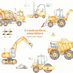 Construction machines watercolor clipart. Concrete truck, bulldozer, forklift, grader, road roller, crane truck